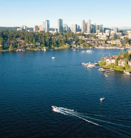 Bellevue, Washington, aerial view a wealthy neighborhood along the shoreline of Lake Washington and downtown Bellevue