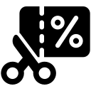 Black icon that represents a discount featuring a pair of scissors cutting through a piece of paper with a percentage on it